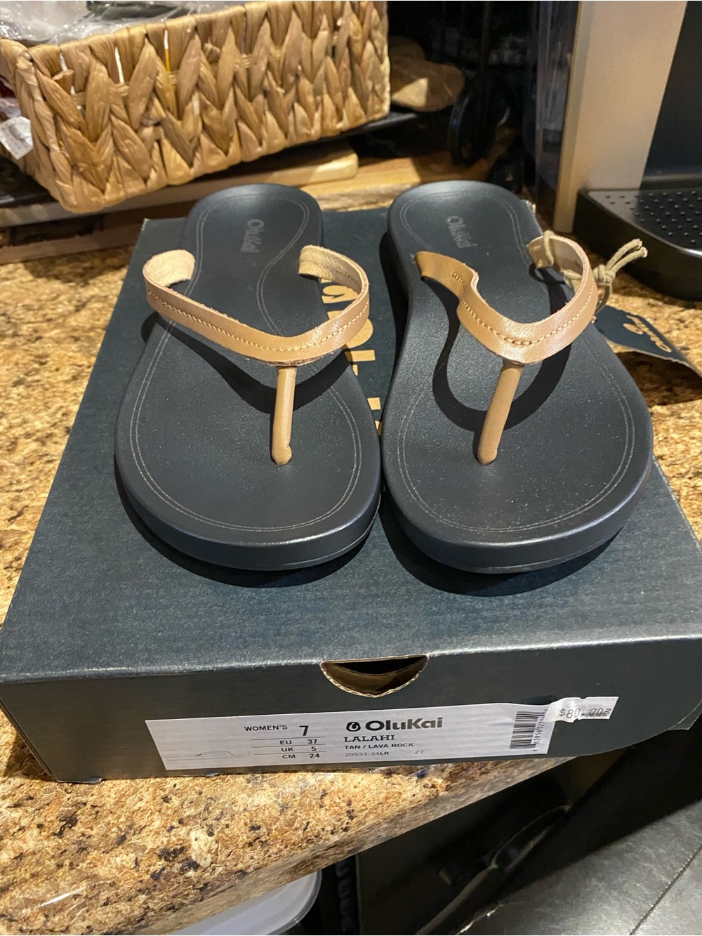OluKai Women's Black Footbed Tan Leather Thong Sandals - Tan/Lava Rock